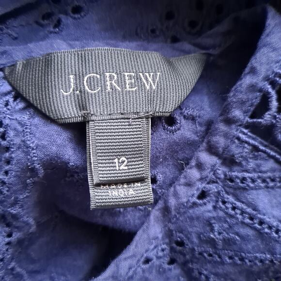 J. Crew Eyelet Lace Dress Long Sleeve Flutter Hem Mini Navy Blue Womens Size 12 - Picture 11 of 15